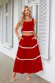 Dettagli del set top senza maniche rosso e gonna lunga con bordo smerlato bianco - S / Rosso