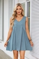 Detail view of V-neck sleeveless mini dress featuring soft Morandi blue pleated fabric - Grey Blue