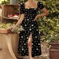 Elegant black floral midi dress with puff sleeves, square neck and front slit design - 3XL / Top And Bottom / Black Background Small Flowers