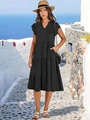 Detail of V-neck tiered black dress with ruffle sleeves and side pockets for women - S / Black