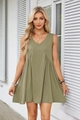Detailed view of olive green V-neck sleeveless dress with pleated waist and soft texture - Grey Green
