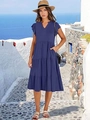 Detail of the navy blue tiered dress with V-neckline and ruffled sleeve accents - Navy Blue