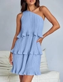 Elegante abito estivo monospalla a balze pieghettate in azzurro per donna corto - Celeste