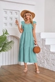 Detail of square neck tiered light blue midi dress with ruffle flutter sleeves and smocking - S / Light Green
