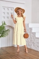 Detailed view of square neck with elastic pleats and ruffled sleeves on summer dress - M / Apricot