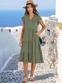 Detail of olive green V-neck tiered midi dress with flutter sleeves and side pockets - Army Green