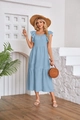 Detail of light blue tiered dress featuring flutter sleeves and pleated bodice details - Light Blue