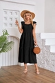Detail of ruffle cap sleeves and tiered skirt on a black square neck midi dress - S / Black