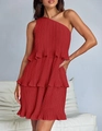 Elegante abito a pieghe a strati rosso monospalla per uno stile estivo sofisticato. - Rosso