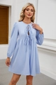Detail of light blue A-line mini dress showing the tie-neck design and pleated skirt fabric - S / Light Blue
