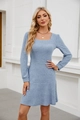 Close-up of light blue ribbed knit fabric on a square neck long sleeve dress - Light Blue