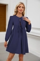 Close-up of deep blue dress featuring lace-up hollow neckline and elastic lantern sleeves - S / Navy Blue