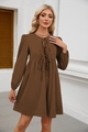 Detailed view of the brown long sleeve dress featuring a chic three-tier tie-up neckline - S / Dark Brown