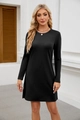 Detail of a casual black long-sleeve dress with round neck and side slit design - Black