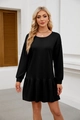Detail of cross-stitched round neckline and ruffled hem on black long sleeve dress - Black
