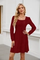 Detail of dark red square neck dress showing vertical textured fabric and slim waist fit - S / Burgundy
