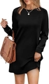 Detail of minimalist black crew neck long sleeve dress with subtle back pleated texture - Black