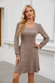 Detailed view of the square neckline and ribbed texture on this brown knit mini dress - Khaki