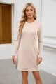 Detailed side view of the side slit hem on a cream long-sleeve crewneck casual dress - Apricot
