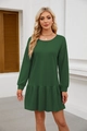 Deep green long sleeve casual dress featuring a round neck and ruffled hemline detail - Green