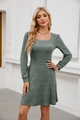 Detail of square neck and knit texture on a sage green long sleeve mini dress - S / Green