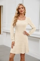 Detail of square neck and ribbed knit texture on long sleeve beige mini dress - Apricot