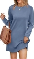 Detailed close-up of ribbed cuffs on a long-sleeved crewneck blue knit dress for women - Aqua