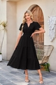 Detail of V-neck tiered black dress with smocked waist and textured bubble sleeves - S / Black