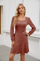 Detail view of the rust red square neck dress featuring vertical rib-knit texture - S / Brick Red