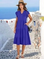Women's purple V-neck tiered midi dress with ruffle sleeves and convenient side pockets - Blue