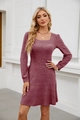 Detail of mauve ribbed knit dress showing square neckline and fabric texture - Fuschia