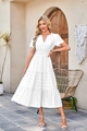 Detail of white tiered midi dress with V-neckline and elastic pleated waist - S / White