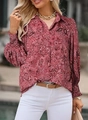 Women's long sleeve floral shirt in deep pink with lantern sleeves and white vine patterns - Deep Pink Floral (Image 11)