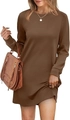 Detail of caramel long sleeve crewneck dress featuring elastic cuffs and knit fabric - Coffee
