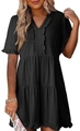 Detail of V-neckline with ruffle trim on a black short sleeve tiered mini dress - S / Black