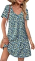 Close-up of V-neck floral dress with blue and green print on lightweight summer fabric - Blue Floral