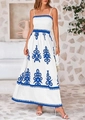 Detailopname van de blauwe boheemse bloemenprint op de witte maxi-jurk stofstructuur - 2XL / Wit