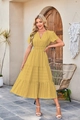Detail of smocked high waist and tiered skirt design on a mustard yellow V-neck dress - S / Yellow