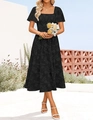 Detail of square neck bohemian floral midi dress with embossed texture and ruffled sleeves - S / Dresses / Black