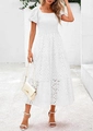 Detail of white square neck puff sleeve dress featuring delicate eyelet embroidery textures - White