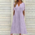Detail view of the V-neck button-down lavender eyelet dress with knotted sleeve cuffs - S / Light Purple