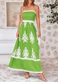 Detail van de gebloemde maxi-jurk met elastische taille en spaghettibandjes groen - S / Groen