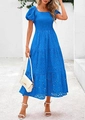 Detail of navy blue square neck maxi dress with eyelet embroidery and puff sleeves - Blue