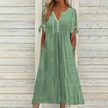 Detailed view of sage green eyelet embroidery fabric and white buttons on V-neck dress - Sea Green