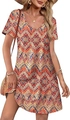Detail of V-neck short sleeve dress with red and blue geometric Aztec print patterns - Geometric Print