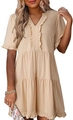 Close-up of V-neckline detail with ruffle trim on casual khaki summer A-line mini dress - Apricot
