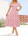 Detail of square neck and smocked pink jacquard lace floral dress for women - S / Dresses / Pink