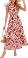 Pink floral V-neck midi dress with ruffled butterfly sleeves and layered cake skirt style - Pink Floral