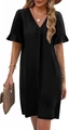 Detailed view of the V-neckline and ruffled short sleeves on this black shift dress - S / Black