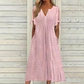 Pink V-neck dress with eyelet texture, button front and stylish tie-knot sleeve detail - S / Pink